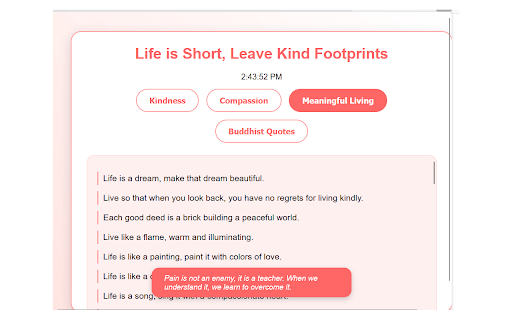 Life is Short, Leave Kind Footprints :: A Firefox extension featuring quotes inspiring kindness and compassion, categorized for reflection