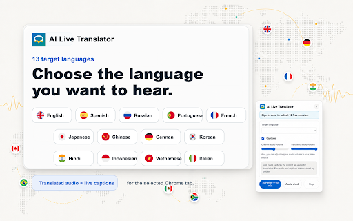 AI Live Translator :: Translate browser video and call audio live with translated speech and captions.
