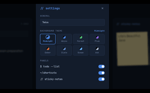 Telos :: A developer-styled homepage: live clock, sticky notes, to-do list, and quick shortcuts.