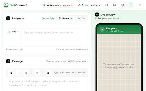 WA Free Bulk Sender — Messages, Images & Docs :: Send personalized WhatsApp messages to multiple contacts at once, directly from WhatsApp Web. No number saving needed.