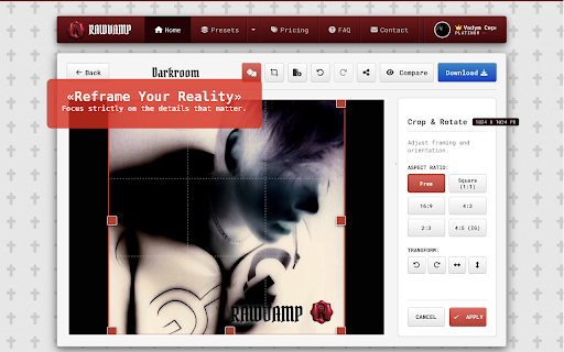 RawVamp: Dark Aesthetic Photo Editor, Y2K Glitch & Grunge Filter :: Edit photos in browser to apply 100+ dark aesthetic filters and add Y2K glitch & grunge effects by capturing tabs or right-clicking.