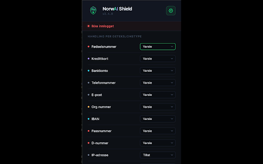 NorwAI Shield :: Beskytter mot datalekkasjer til AI. Oppdager fødselsnummer, kredittkort, bankkonto og sensitiv data i sanntid.