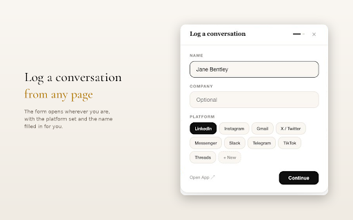 MyKindra :: Log conversations from any tab, the moment they happen.