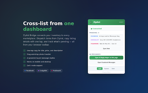 Ziplist Bridge :: List and manage items across Craigslist, Facebook Marketplace, and Poshmark from your Ziplist dashboard.