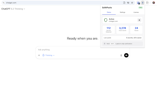 SafePaste: Redact Secrets for AI Chats :: Redact secrets and shrink logs before pasting into AI chats. SafePaste keeps prompts clean and private.