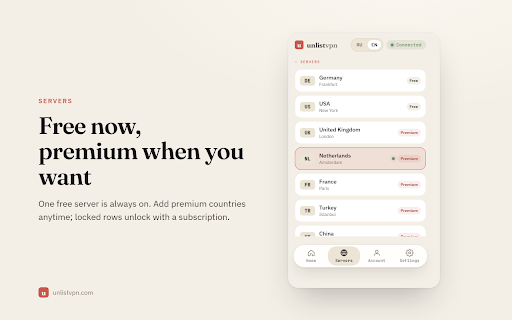 Unlist VPN - Free VPN :: Pick a country, route traffic smartly and protect your privacy, right in the browser. Free server works without signing in.