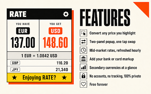 RATE — Currency Converter & Exchange Rates :: Highlight any price on any page to convert it instantly — 160+ currencies, BTC & ETH, mid-market rates.