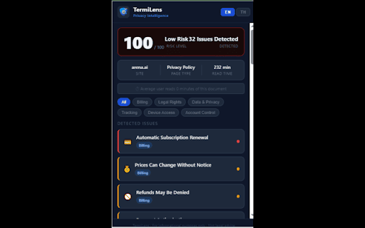 TermiLens :: Analyzes Terms of Service and Privacy Policy documents to identify supported legal clauses and generate an estimated risk score.