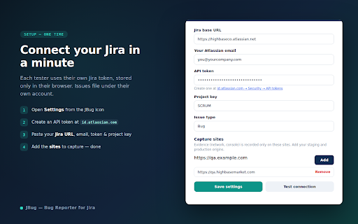 JBug — Bug Reporter for Jira :: One-click Jira bug reports with screenshot, network log, console output, and screen recording — only on sites you choose.