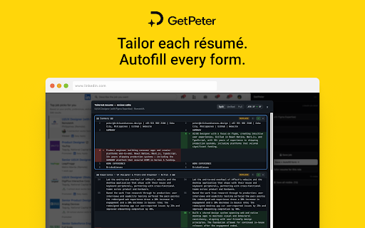 GetPeter :: One sidebar to save any job, tailor your résumé, and autofill every application. AI drafts. You review. You submit.