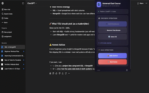 Universal Chat Cleaner: Bulk Delete AI Chats :: Bulk select, archive, and delete conversations across multiple AI chat platforms.