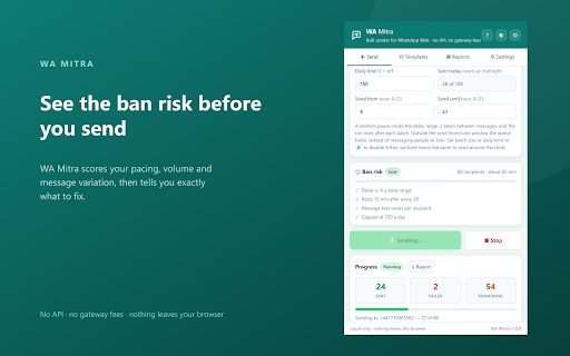 WA Mitra – WhatsApp Bulk Message Sender :: Bulk message sender for WhatsApp Web — personalization, delays, batching, number filter and Excel reports.