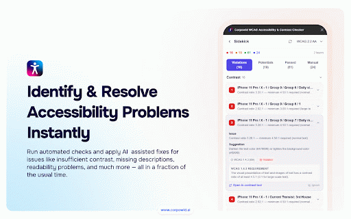 Corpowid — WCAG Accessibility Checker & Audit :: Scan any web page against WCAG 2.2. Check contrast, focus order, headings, landmarks, alt text and screen reader flow.