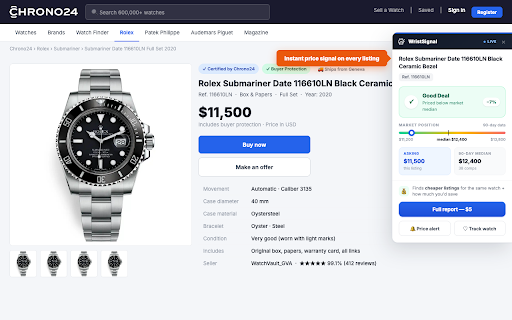 WristSignal: Watch Price Checker for eBay, Chrono24 & Reddit :: Instant BUY / FAIR / WATCH / SKIP price signals on watch listings, plus reports that find cheaper listings for the same watch.