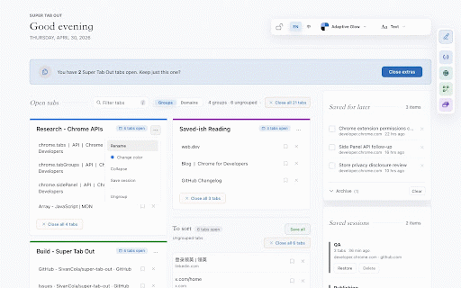 Super Tab Out :: A local-first new tab dashboard for organizing open tabs with tab filtering, privacy mode, themes, and tab groups.