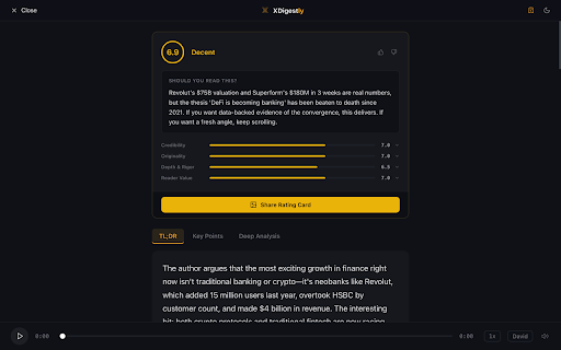 XDigestly — AI Summaries & Podcast Audio for X/Twitter Articles :: AI article summarizer for X/Twitter. Quality scores, clean reader, 3-depth summaries, text-to-speech audio, bookmarks. Free.