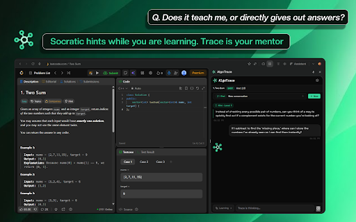 AlgoTrace - AI-Assisted DSA Coach :: AI Extension for the Algotrace Ecosystem. Trace is your DSA coach that guides you through problems and improves your skills.