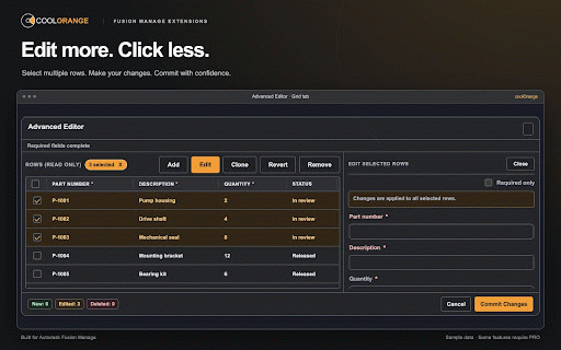 CoolOrange Fusion Manage Chrome Extensions :: Fusion Manage Enhancements, incl. item details tools, grid editing, better search abilities, and some admin features.