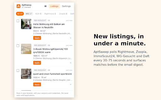 AptSweep :: New rental listings from top UK, German, Irish & US portals — surfaced in your popup within 60 seconds.