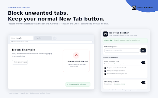 New Tab Blocker :: Stop selected websites opening unwanted tabs and popups while keeping normal Chrome new tabs working.