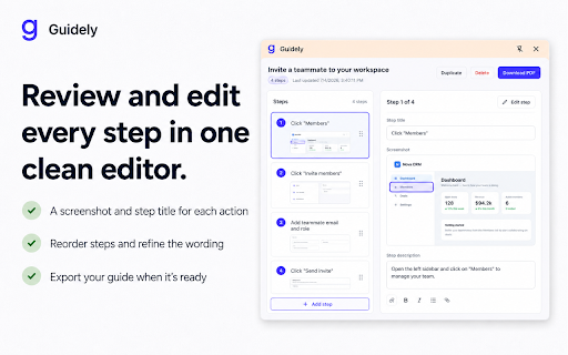 Guidely: Step-by-Step Guide, SOP & Screenshot Maker :: Record clicks into a step-by-step guide with a screenshot per step, then export a PDF for free. Great for SOPs & documentation.