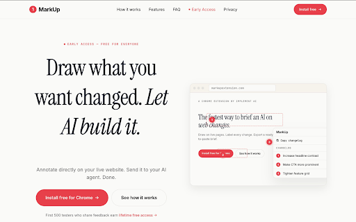MarkUp: Annotate webpages, prompt AI agents :: Annotate live webpages and export structured change requests to AI coding assistants. Draw your changes instead of describing them.