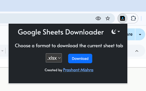 Google Sheets Downloader :: Download the current tab in Google Sheets as PDF or XLSX with one click. Created by Prashant Mishra, helping thousands of users.