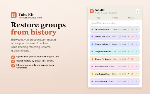 Tabs Kit :: Organize Chrome tab groups with local AI naming, fast ungrouping, history restore, search, and cleanup.