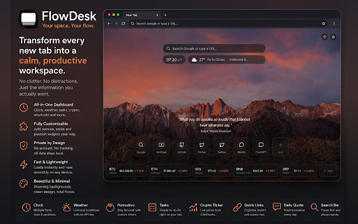 Minimal New Tab & Productivity Workspace | FlowDesk :: A beautiful new tab dashboard with clock, weather, crypto tracker, bookmarks, Pomodoro timer, and custom backgrounds.