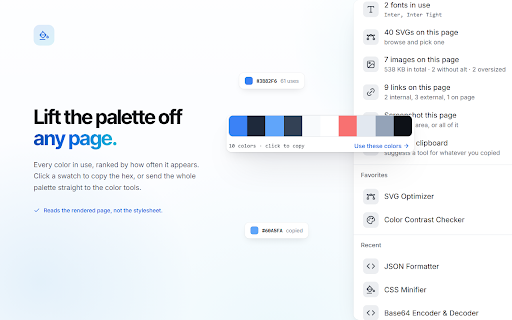 CodeShack: 400+ Developer Tools :: Open any of 400+ web developer tools instantly, and grab colors, fonts, SVGs and JSON from any page.