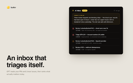 butter — buttery-smooth new tab :: A buttery-smooth new tab for developers. PRs, Linear issues, focus timer, notes — without the bloat.