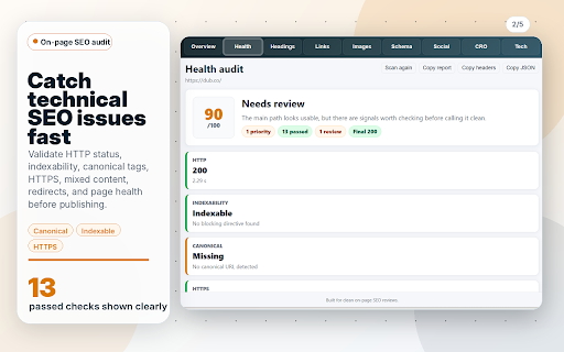 Technical SEO & CRO Audit: Site Health, Schema, Links, Images, Social, Tech :: Run technical SEO and CRO audits with site health, schema, link, image, social preview, and tech stack checks.