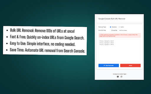 Google Search Console - Bulk URL Removal - Un - Indexing Request :: This extension can bulk remove a list of multiple URLs from google via Google's search console with one click