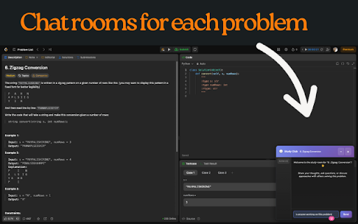 The LeetCode Study Club :: Real-time study rooms for LeetCode problems + company tags. Chat with others solving the same problem!