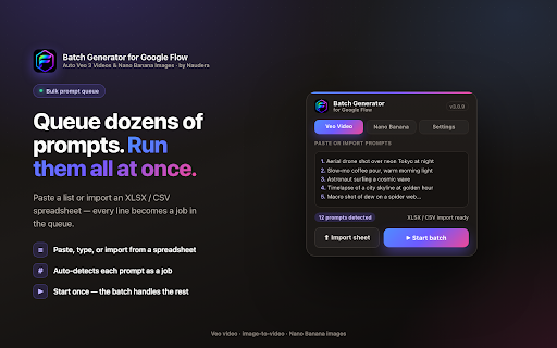 Batch Generator for Google Flow - Auto Veo 3 Videos & Nano Banana Images :: Automate Google Flow: batch generate Veo 3 AI videos & Nano Banana images in bulk. Auto-submit prompts, auto-download every result.