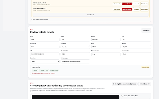 ListMotive :: Vehicle inventory assistant for importing listings, preparing Marketplace drafts, managing photos, and tracking renewals.