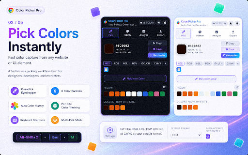 Color Picker Pro - Auto Palette Generator & Color Harmony :: Pick colors from any webpage instantly. Auto palette generator, 11 harmony types, WCAG contrast checker & design token export.