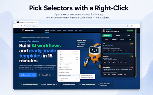 RunMacro Smart HTML :: Smart HTML selector, explorer, and recording bridge for RunMacro automation.