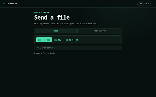 LocalSend :: Send and receive files with nearby devices directly from your browser using animated optical codes.