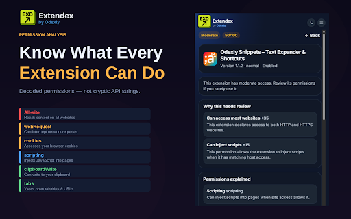 Extendex - Permission & Access Checker :: Review installed Chrome extensions, understand declared permissions, and spot broad browser access.