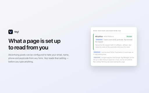 Veyl — Privacy Agent for the Web :: Veyl shows you what a website is actually doing with your data, in plain language, without ever sending your browsing anywhere.