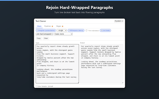 Text Cleaner: Case, Quotes & Line Breaks :: Clean up text you paste: fix case, line breaks, smart quotes & whitespace. Runs on-device; your text never leaves your browser.