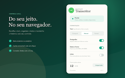 Transcritor para WhatsApp — Áudio em Texto :: Transcreva áudios do WhatsApp Web em texto com Whisper e formatação inteligente. Open source, sem anúncios e sem servidor próprio.