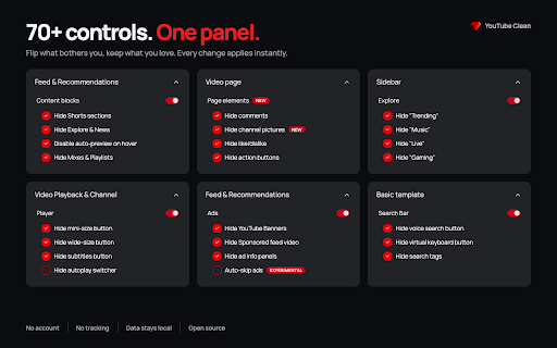 YouTube Clean: Hide Shorts & Recommendations :: Hide YouTube Shorts, recommendations, comments and ads. Customize the feed, player and sidebar with 60+ controls. Open source.