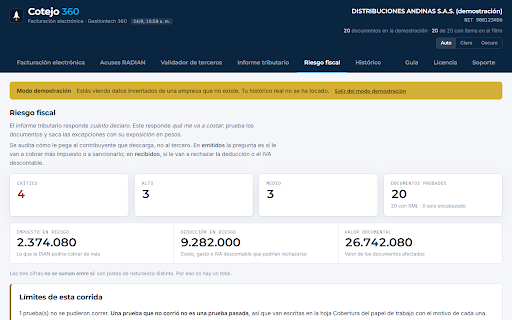 Cotejo 360 :: Tu facturación electrónica de la DIAN en Excel, con auditoría de riesgo fiscal. Todo en tu equipo: nada sale a internet.