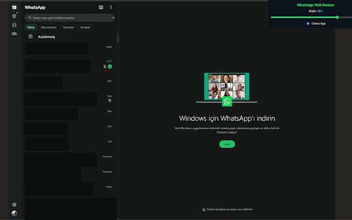 WhatsApp Web Resizer :: Customize and center WhatsApp Web width with slider and checkbox settings.