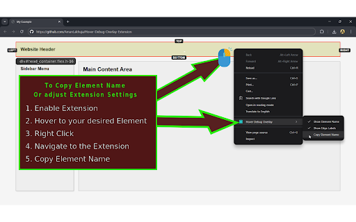 Hover Debug Overlay :: Show overlay with TOP/LEFT/RIGHT/BOTTOM on element hovered with optional element name