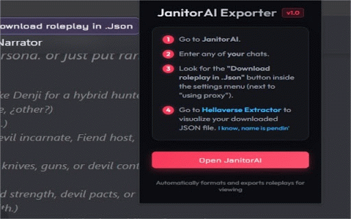 JanitorAI Chat Exporter :: Export your JanitorAI roleplay chats to JSON file.