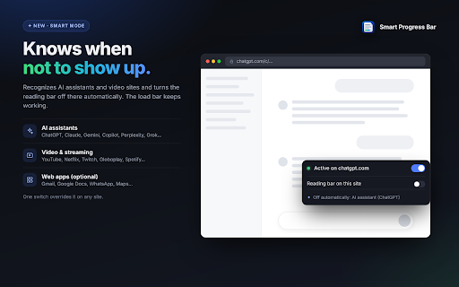 Smart Progress Bar :: Page-load and reading progress bars that never overlap, with smart mode that skips AI chats and video sites.