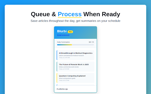 Blurbi :: Transform your reading into intelligent audio digests. Save articles, get AI summaries delivered to your inbox with audio versions.
